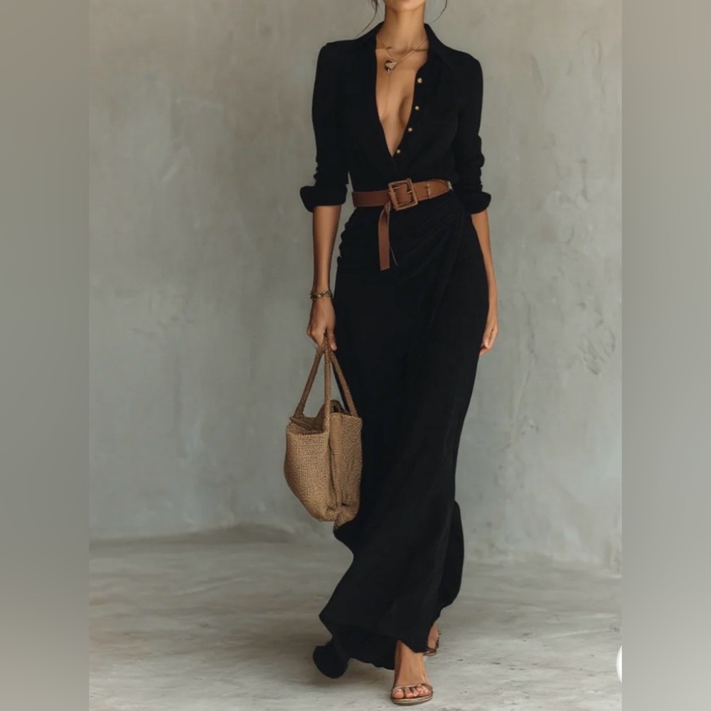 Elegant Black Maxi Shirt Dress with Brown Belt